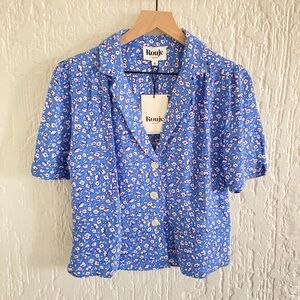 Rouje Paris Anas Myosotis Blue Floral Short Sleeve Button Down Blouse Size 10